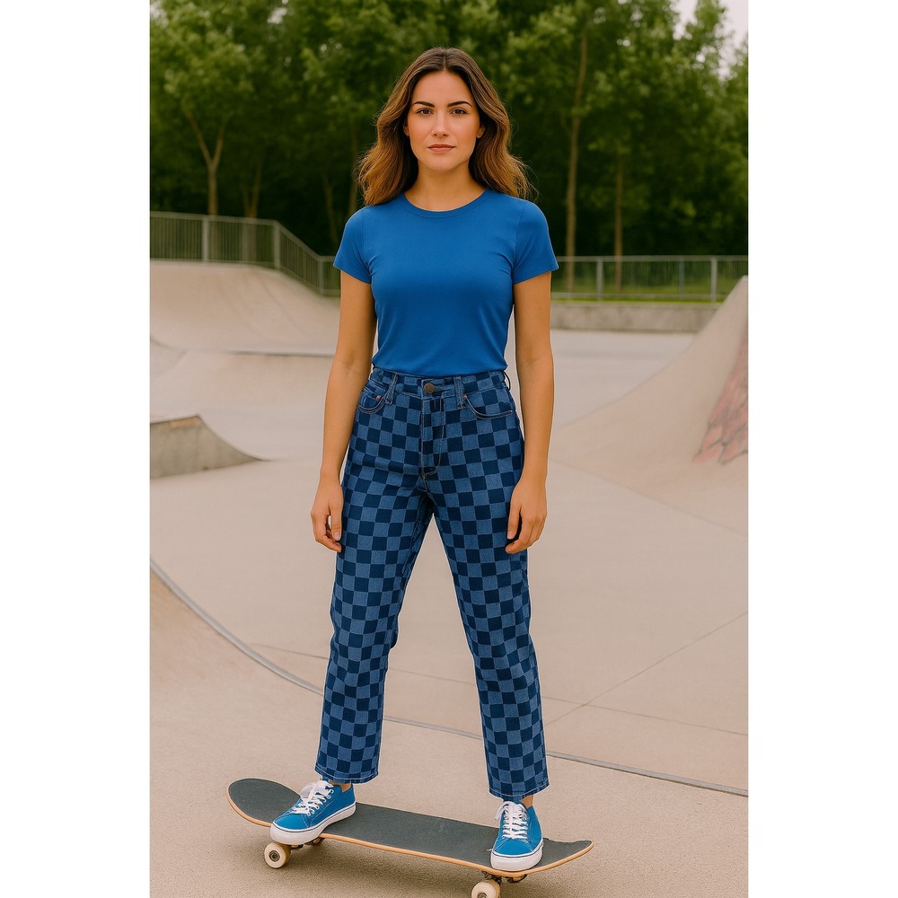 Gingham Checkerboard Blue Straight Leg High Waist Denim Jeans Women 8 Preppy Y2K
